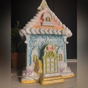 Pastel Gingerbread House Light-Up Resin Figurine Easter Decor 13.5” NWT